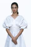 Buy_SHRIYA SOM_White Taffeta V Neck Embroidered Draped Dress  _Online_at_Aza_Fashions