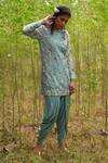 Shop_Incheetape_Green Silk Chanderi Round Embroidered Short Tunic And Dhoti Pant Set_at_Aza_Fashions