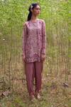 Shop_Incheetape_Brown Silk Chanderi Embroidered Short Tunic And Dhoti Pant Set_at_Aza_Fashions