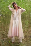 Buy_Incheetape_White Organza V Neck Striped Long Jacket And Kurta Set _at_Aza_Fashions