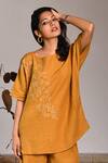 Buy_Linen Bloom_Yellow Pure Linen Embroidery Boat Blouse _at_Aza_Fashions