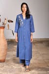 Buy_Linen Bloom_Blue Pure Linen Embroidery Notched Hand Tunic _at_Aza_Fashions