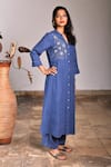 Buy_Linen Bloom_Blue Pure Linen Embroidery Notched Hand Tunic _Online_at_Aza_Fashions