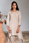 Buy_Linen Bloom_Beige Pure Linen Embroidery Round Tunic _at_Aza_Fashions