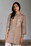 Buy_Linen Bloom_Beige Pure Linen Embroidery Notched Tunic _at_Aza_Fashions