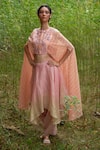 Shop_Incheetape_Peach Silk Chanderi Round Floral Embroidered Cape Top With Skirt _at_Aza_Fashions