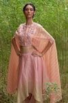 Buy_Incheetape_Peach Silk Chanderi Round Floral Embroidered Cape Top With Skirt _at_Aza_Fashions