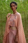 Incheetape_Peach Silk Chanderi Round Floral Embroidered Cape Top With Skirt _Online_at_Aza_Fashions