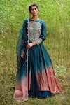 Buy_Incheetape_Blue Organza Round Linen Silk Kurta Lehenga Set _at_Aza_Fashions