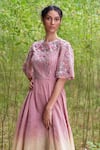 Incheetape_Pink Organza Round Linen Silk Kurta And Palazzo Set _Online_at_Aza_Fashions