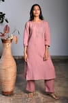 Linen Bloom_Pink Pure Linen Embroidery Round Tunic _Online_at_Aza_Fashions