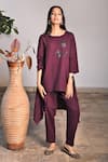 Buy_Linen Bloom_Purple Pure Linen Embroidery Round Tunic _at_Aza_Fashions