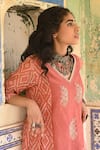 Rekha Agra_Peach Chanderi And Cotton Flax Block Print & Pearl V Neck Kurta & Pant Set _at_Aza_Fashions