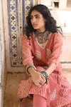 Buy_Rekha Agra_Peach Chanderi And Cotton Flax Block Print & Pearl V Neck Kurta & Pant Set _Online_at_Aza_Fashions