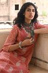 Rekha Agra_Peach Chanderi And Cotton Flax Block Print & Pearl V Neck Kurta & Pant Set _Online_at_Aza_Fashions