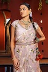 Shop_Kalista_Purple Georgette Printed Floral V Neck Kiara Pre-draped Saree Set _Online_at_Aza_Fashions