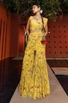 Buy_Kalista_Yellow Bustier Raw Silk Printed Floral Scoop Aksa Pre-draped Gharara Saree Set _Online_at_Aza_Fashions