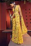 Shop_Kalista_Yellow Bustier Raw Silk Printed Floral Scoop Aksa Pre-draped Gharara Saree Set _Online_at_Aza_Fashions