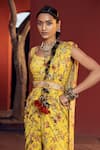 Kalista_Yellow Bustier Raw Silk Printed Floral Scoop Aksa Pre-draped Gharara Saree Set _at_Aza_Fashions