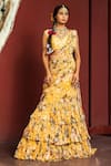 Kalista_Yellow Blouse Natural Silk Printed Floral V Inaya Pre-draped Lehenga Saree Set _Online_at_Aza_Fashions