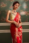 Kalista_Red Blouse Viscose Silk Printed Floral Sweetheart Rehmat Pre-draped Saree With_Online_at_Aza_Fashions