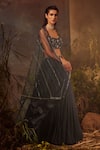 Shop_Dheeru Taneja_Blue Organza, Net, Crepe Bugle Beads And Zari Athena Embroidered Lehenga Set _at_Aza_Fashions