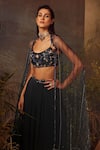 Dheeru Taneja_Blue Organza, Net, Crepe Bugle Beads And Zari Athena Embroidered Lehenga Set _Online_at_Aza_Fashions