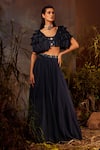 Dheeru Taneja_Blue Organza, Crepe Bugle Beads And Zari Blouse Iris Lehenga Set With Ruffle Cape _Online_at_Aza_Fashions