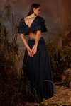 Shop_Dheeru Taneja_Blue Organza, Crepe Bugle Beads And Zari Blouse Iris Lehenga Set With Ruffle Cape _at_Aza_Fashions