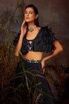 Buy_Dheeru Taneja_Blue Organza, Crepe Bugle Beads And Zari Blouse Iris Lehenga Set With Ruffle Cape _Online_at_Aza_Fashions