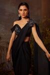 Dheeru Taneja_Blue Net, Chinnon Bugle Beads And Zari Pre-draped Embroidered Saree With Blouse _Online_at_Aza_Fashions