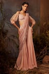 Buy_Dheeru Taneja_Pink Crepe Embroidered Bugle Beads Pant Saree With Puff Sleeve Blouse _at_Aza_Fashions