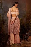 Shop_Dheeru Taneja_Pink Crepe Embroidered Bugle Beads Pant Saree With Puff Sleeve Blouse _at_Aza_Fashions