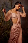 Dheeru Taneja_Pink Crepe Embroidered Bugle Beads Pant Saree With Puff Sleeve Blouse _Online_at_Aza_Fashions