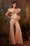 Buy_Dheeru Taneja_Pink Organza, Crepe Bugle Beads And Zari V Neck Peplum & Bell Bottom Pant Set _at_Aza_Fashions