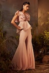 Dheeru Taneja_Pink Organza, Crepe Bugle Beads And Zari V Neck Peplum & Bell Bottom Pant Set _Online_at_Aza_Fashions