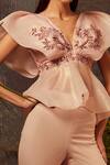 Shop_Dheeru Taneja_Pink Organza, Crepe Bugle Beads And Zari V Neck Peplum & Bell Bottom Pant Set _at_Aza_Fashions