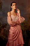 Shop_Dheeru Taneja_Pink Organza, Satin Pear Drops Akira Layered Lehenga And Ruffle Blouse Set _at_Aza_Fashions