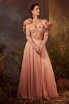 Buy_Dheeru Taneja_Pink Organza, Crepe Bugle Beads And Zari V Neck Maia Lehenga & Ruffle Blouse Set _at_Aza_Fashions