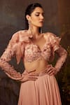 Dheeru Taneja_Pink Organza, Crepe Bugle Beads And Zari V Neck Maia Lehenga & Ruffle Blouse Set _Online_at_Aza_Fashions