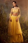 Buy_Dheeru Taneja_Yellow Bugle Beads And Zari High Neck Aphrodite Embroidered Bridal Lehenga Set _at_Aza_Fashions