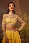 Dheeru Taneja_Yellow Bugle Beads And Zari High Neck Aphrodite Embroidered Bridal Lehenga Set _Online_at_Aza_Fashions
