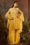 Buy_Dheeru Taneja_Yellow Organza, Crepe Bugle Beads And Zari Crew Neck Embroidered Tunic Sharara Set _at_Aza_Fashions