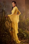 Shop_Dheeru Taneja_Yellow Organza, Crepe Bugle Beads And Zari Crew Neck Embroidered Tunic Sharara Set _at_Aza_Fashions