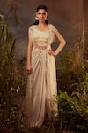 Buy_Dheeru Taneja_White Organza, Lycra, Foil Bugle Beads And Embroidered Cape & Draped Skirt Set _at_Aza_Fashions