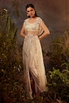 Shop_Dheeru Taneja_White Organza, Lycra, Foil Bugle Beads And Embroidered Cape & Draped Skirt Set _at_Aza_Fashions