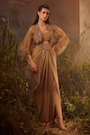 Buy_Dheeru Taneja_Gold Organza Embroidered Bugle Beads And Zari Scoop Cape & Skirt Set  _at_Aza_Fashions