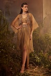 Shop_Dheeru Taneja_Gold Organza Embroidered Bugle Beads And Zari Scoop Cape & Skirt Set  _at_Aza_Fashions