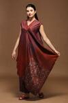 Buy_Clos_Maroon Dupion Silk Printed Floral V Neck Asymmetric Kurta And Pant Set _at_Aza_Fashions