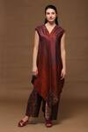 Clos_Maroon Dupion Silk Printed Floral V Neck Asymmetric Kurta And Pant Set _Online_at_Aza_Fashions